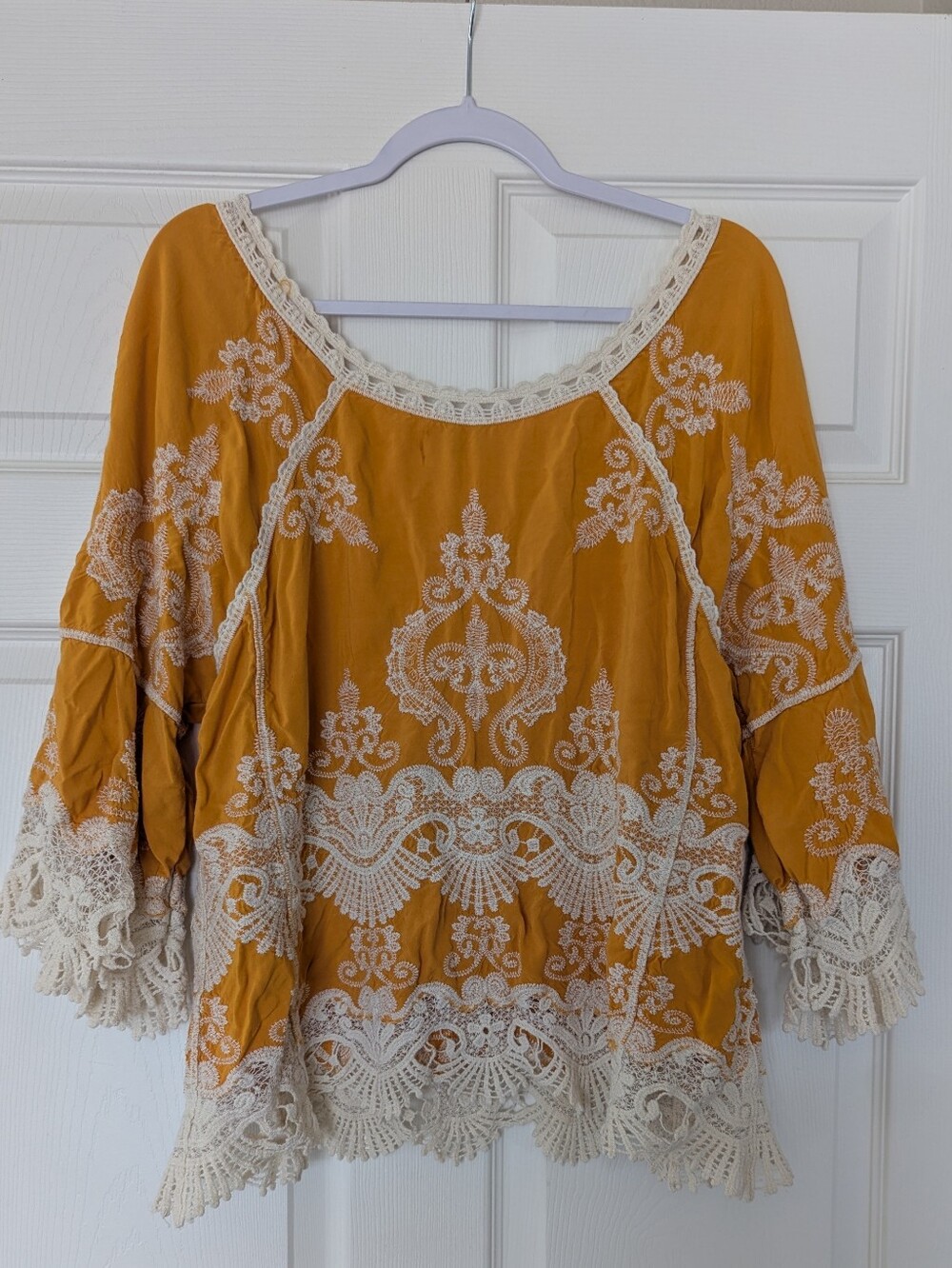 Democracy Mustard Yellow Embroidered Boho Top with Lace Trim